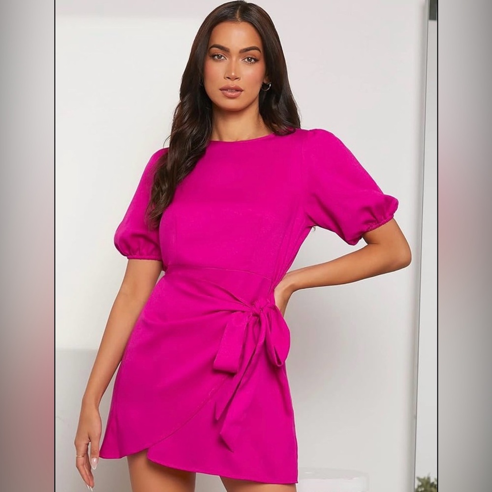 SHEIN Privé Puff Sleeve Knot Front Wrap Dress Hot Pink